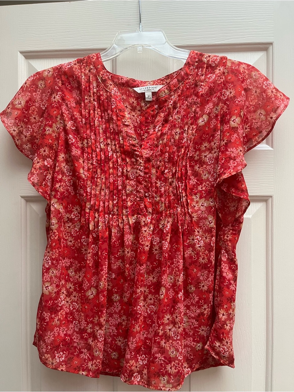 Liverpool Red Floral Pintuck Flutter-Sleeve Top